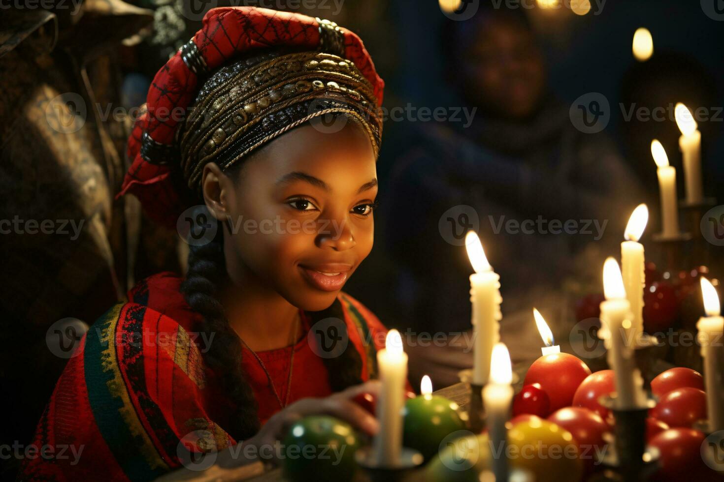 AI generated Kwanzaa Celebration, focusing on African people illuminated candle glowing with cultural significance photo