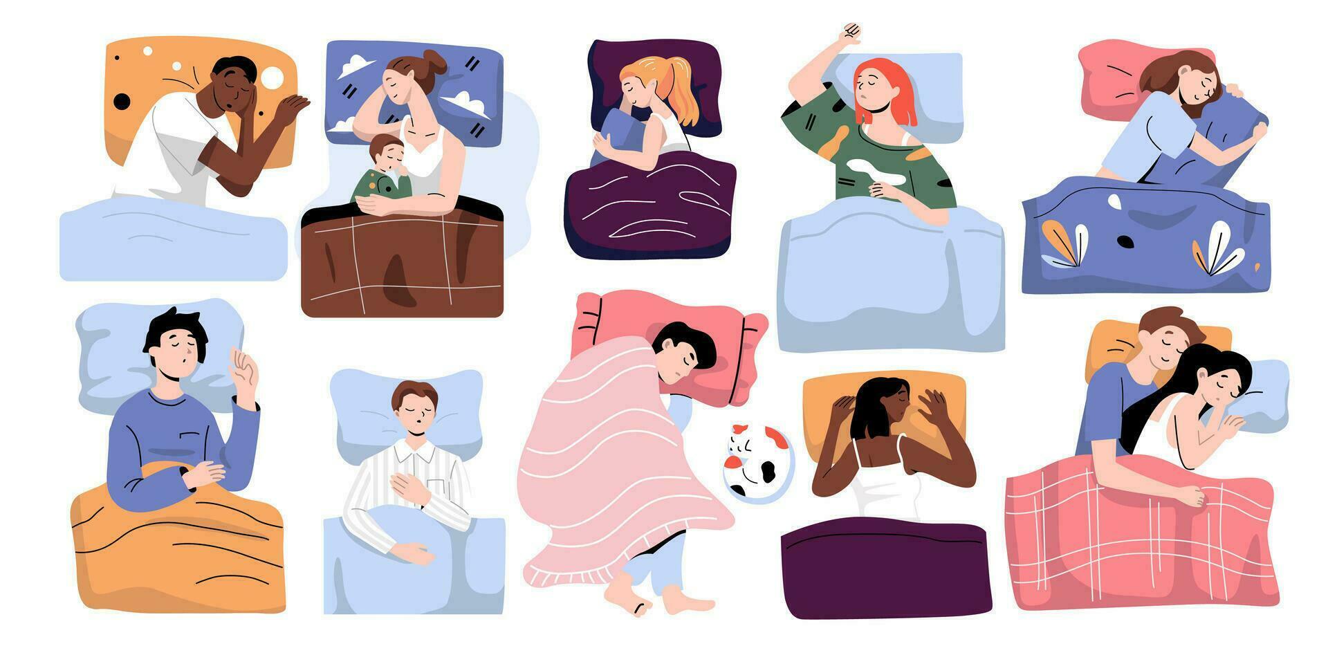 personas son dormido en diferencia poses plano estilo ilustración vector diseño