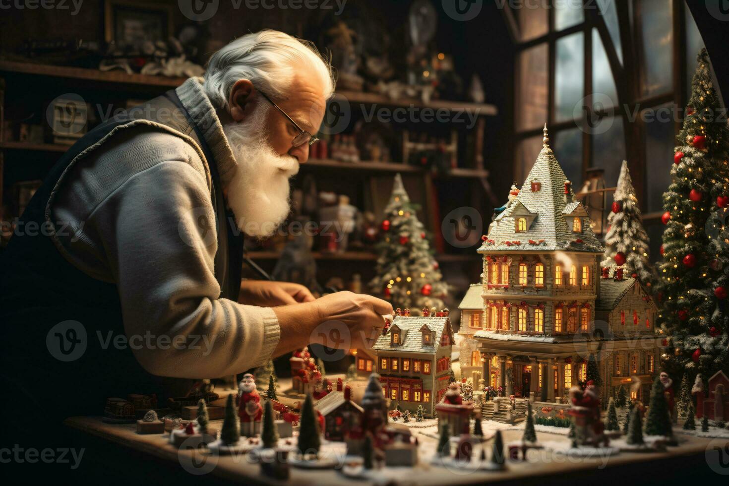 AI generated Christmas decorated village, festive holiday spirit in intricate detail photo