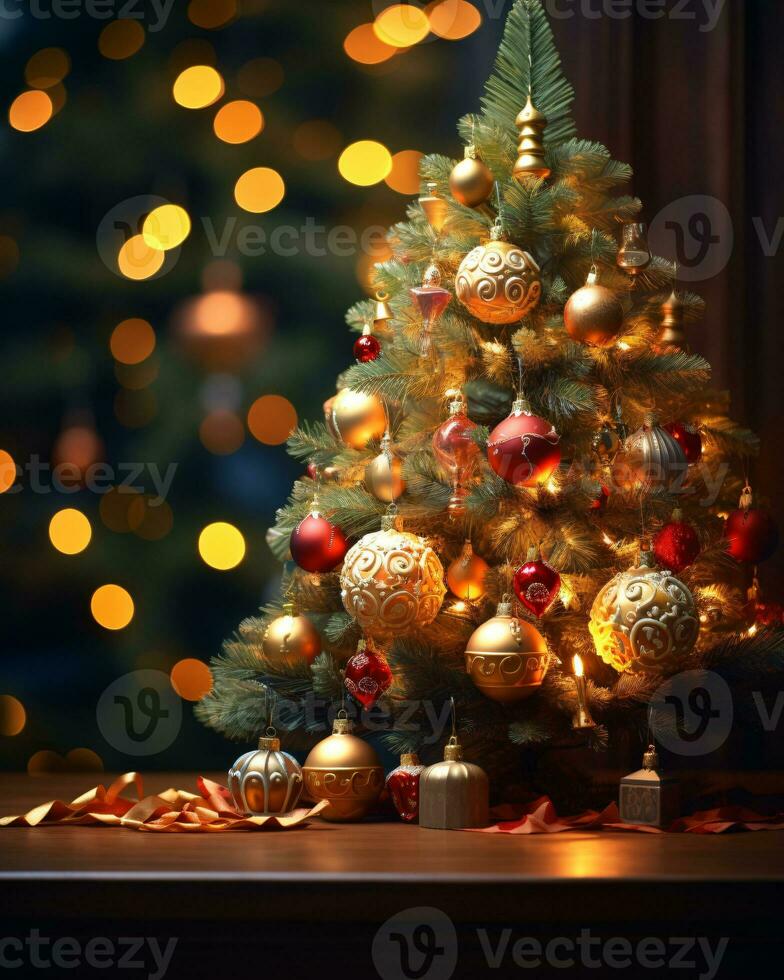 ai generado Navidad árbol hermosamente decorado con festivo adornos foto