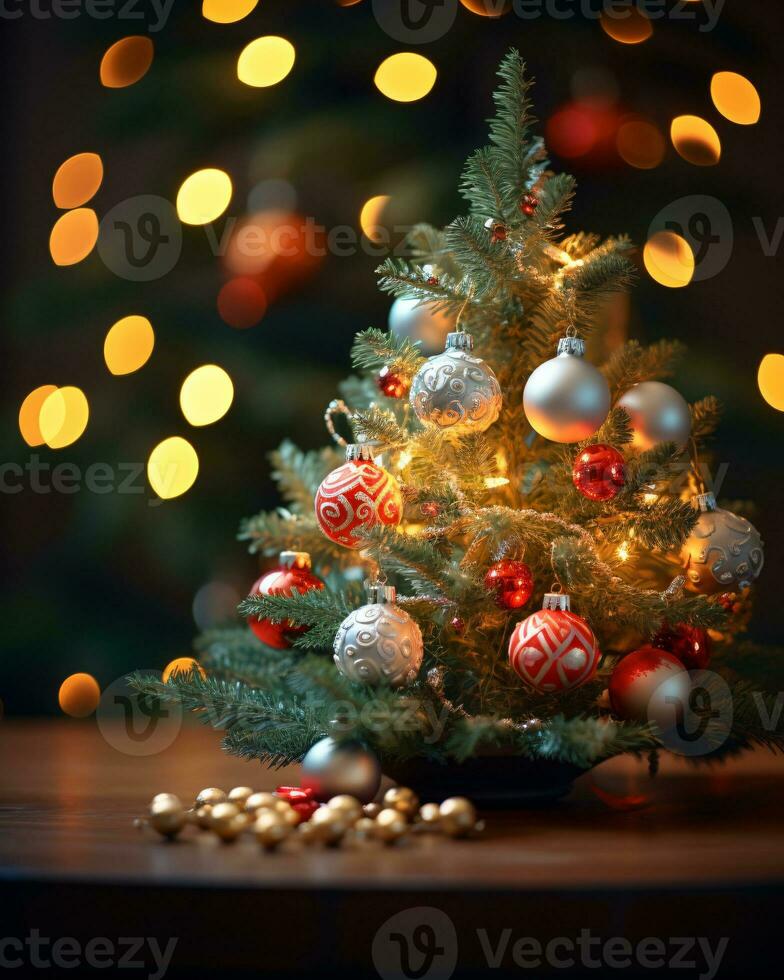 ai generado Navidad árbol hermosamente decorado con festivo adornos foto