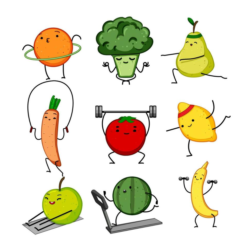 Fruta aptitud personaje conjunto dibujos animados vector ilustración