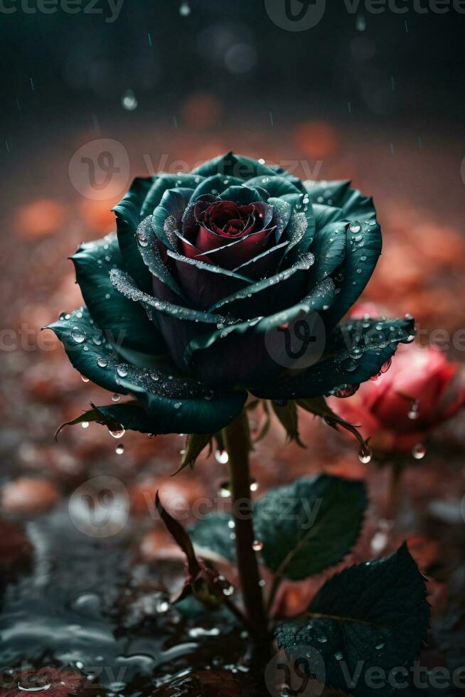 AI generated Black Rose surrounded by fog, Water Droplets and Warm Lighting. photo