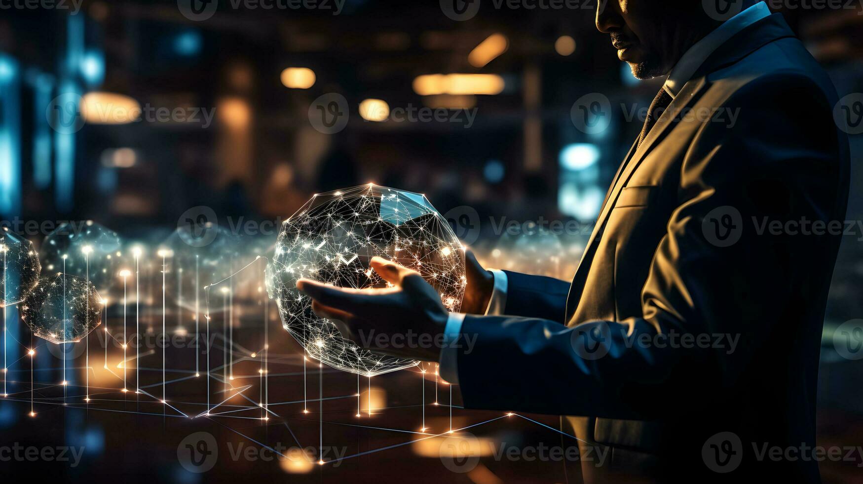AI generated A businessman holding a tablet and looking at a virtual blockchain network with data fields floating around him photo