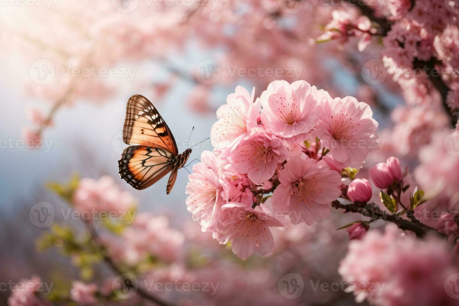 ai generado un soñador sakura jardín con agraciado mariposas foto