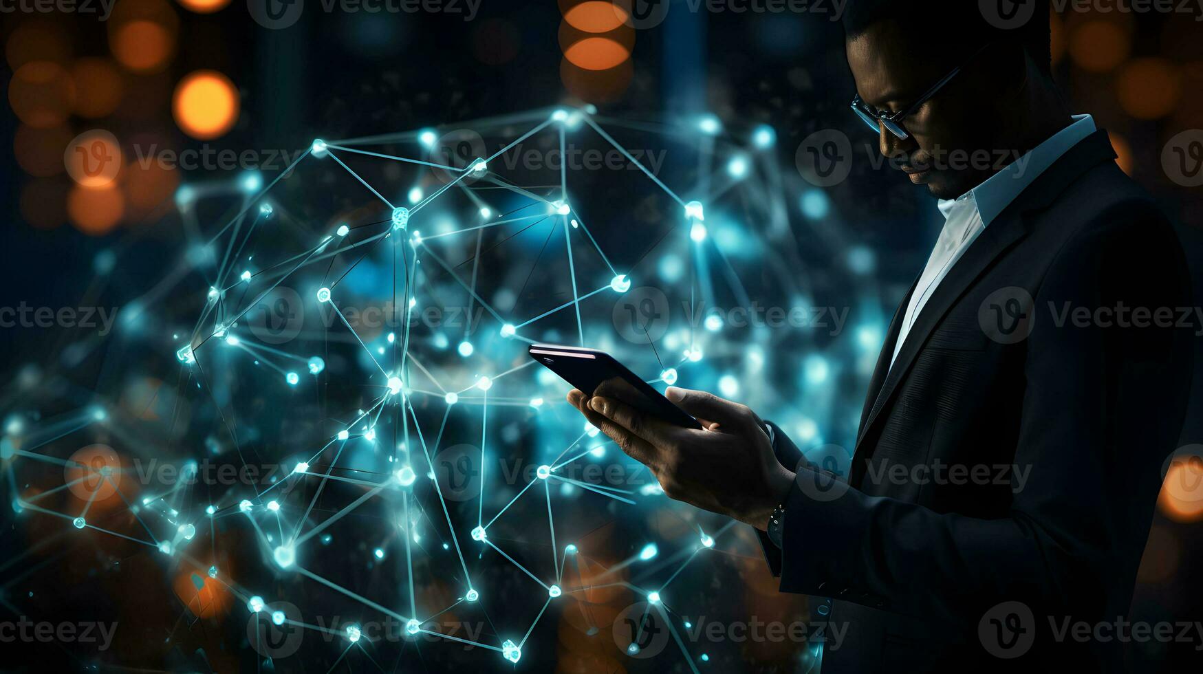 AI generated A businessman holding a tablet and looking at a virtual blockchain network with data fields floating around him photo