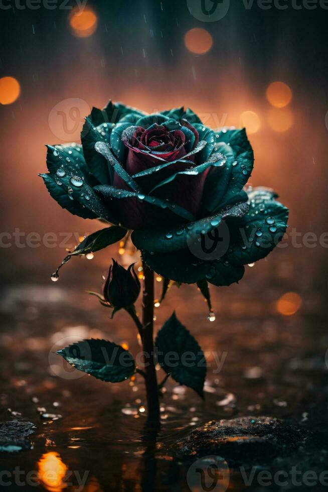 AI generated Black Rose surrounded by fog, Water Droplets and Warm Lighting. photo