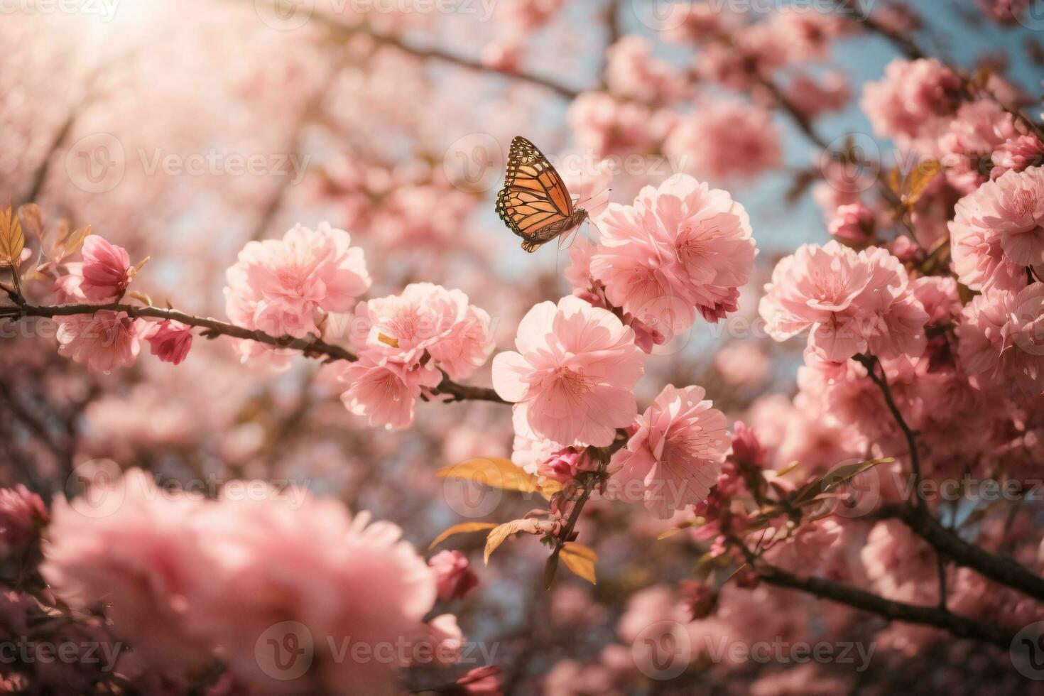 ai generado un soñador sakura jardín con agraciado mariposas foto