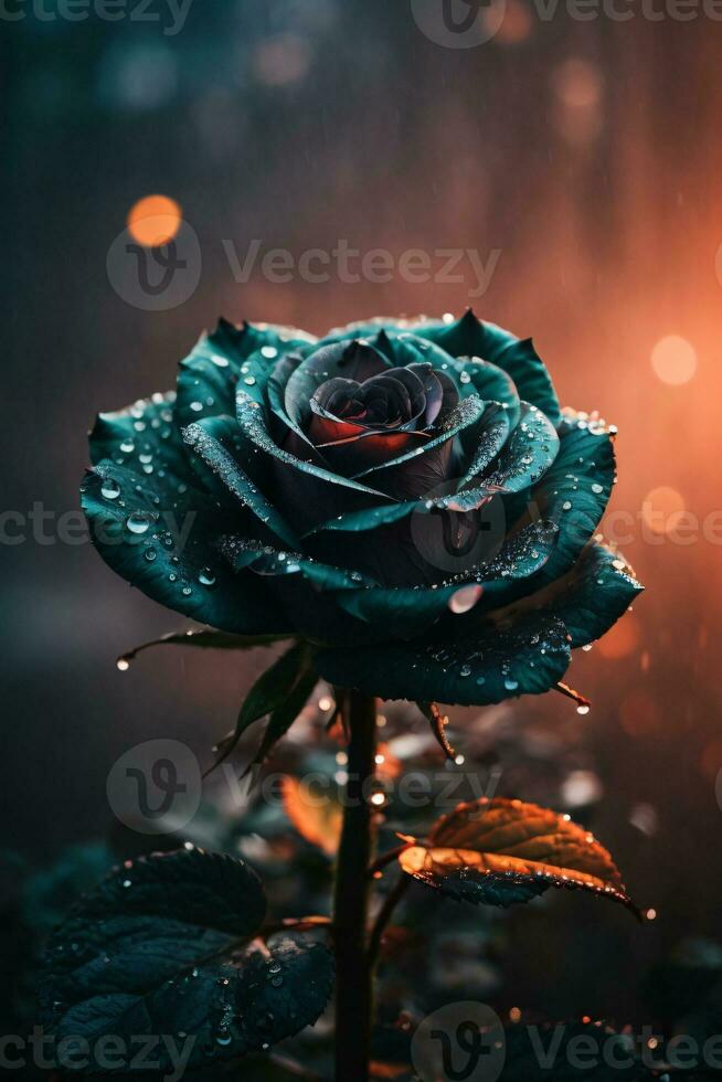 AI generated Black Rose surrounded by fog, Water Droplets and Warm Lighting. photo