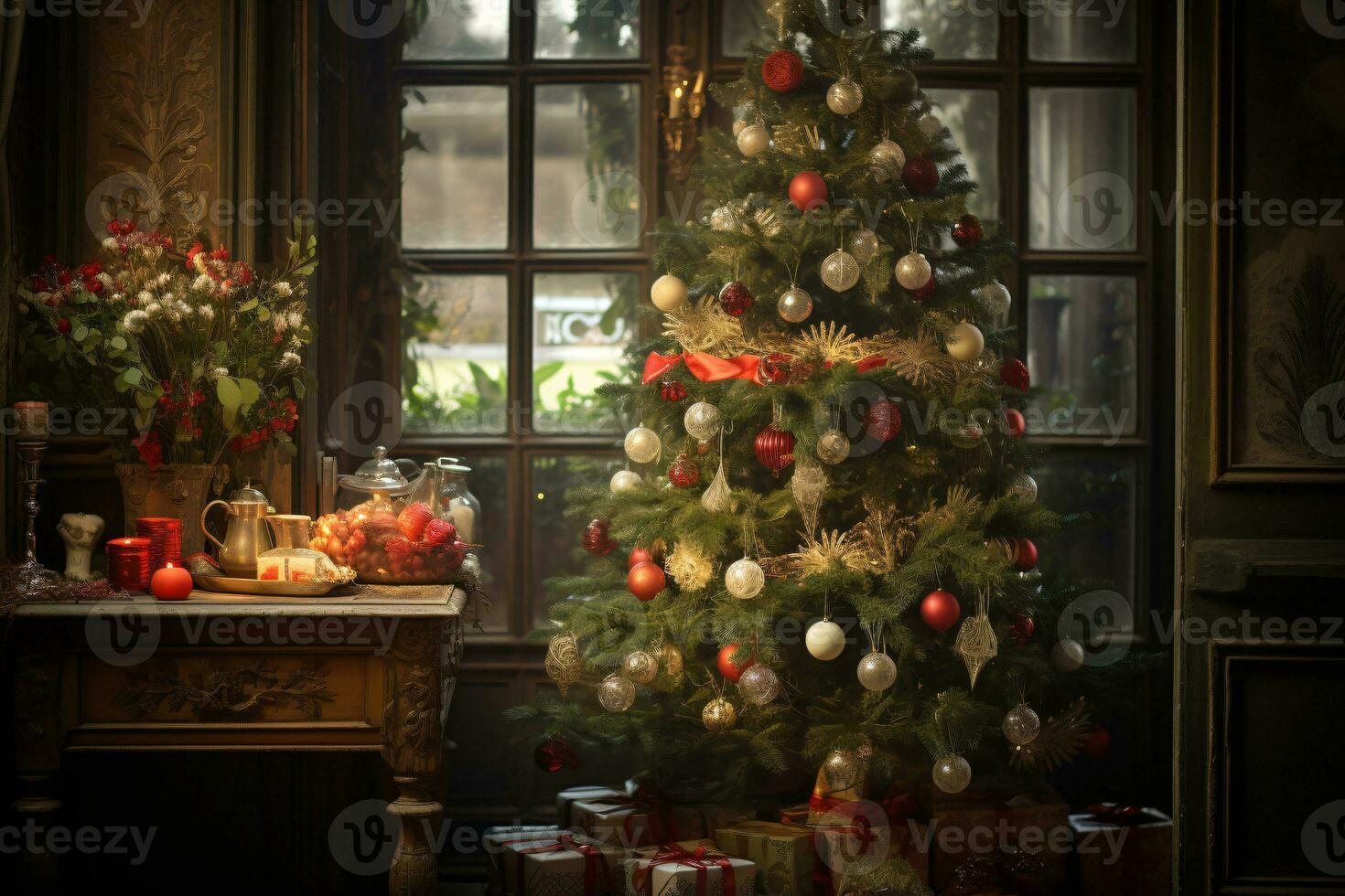 ai generado exhibiendo un Navidad árbol lujosamente decorado con festivo adornos foto