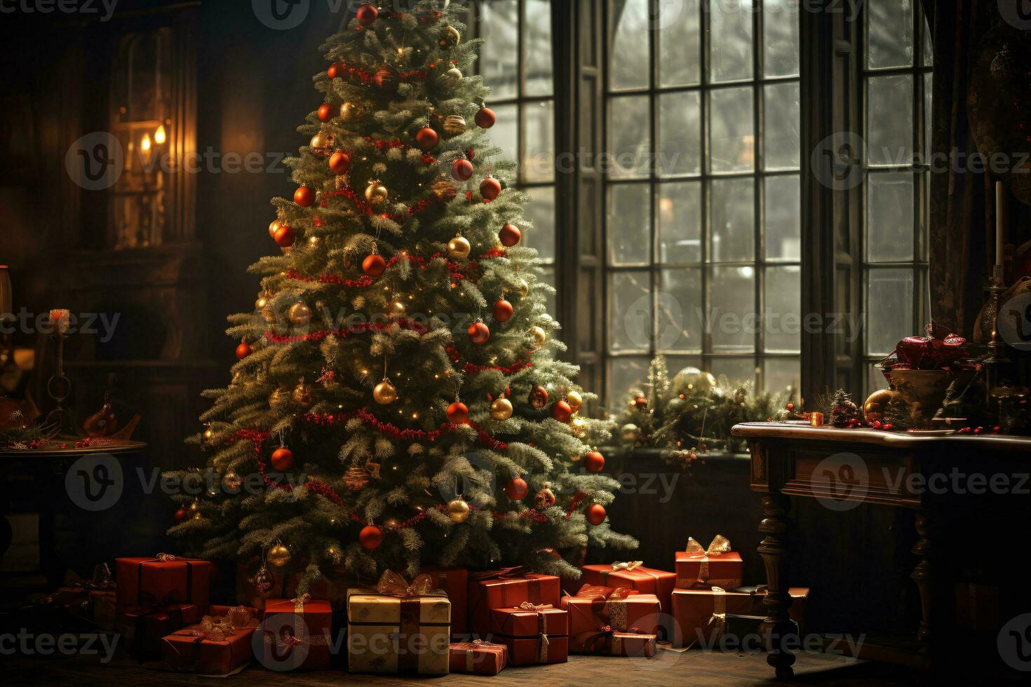 AI generated showcasing a Christmas tree lavishly decorated with festive ornaments photo