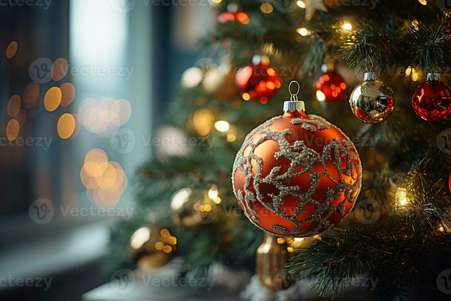 AI generated showcasing a Christmas tree lavishly decorated with festive ornaments photo