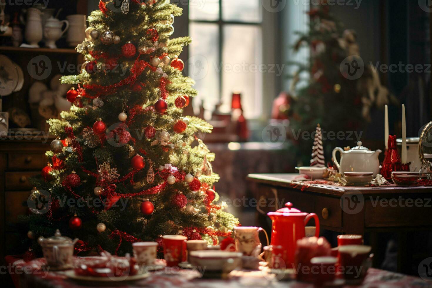AI generated showcasing a Christmas tree lavishly decorated with festive ornaments photo