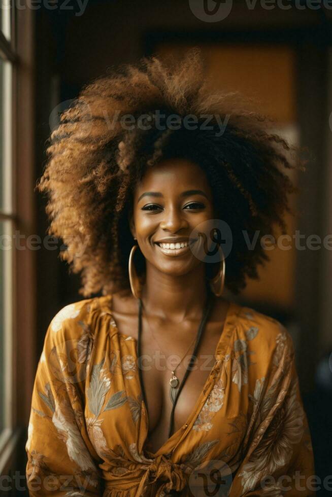 AI generated Young Afro Woman Embracing Happiness and Confidence. photo