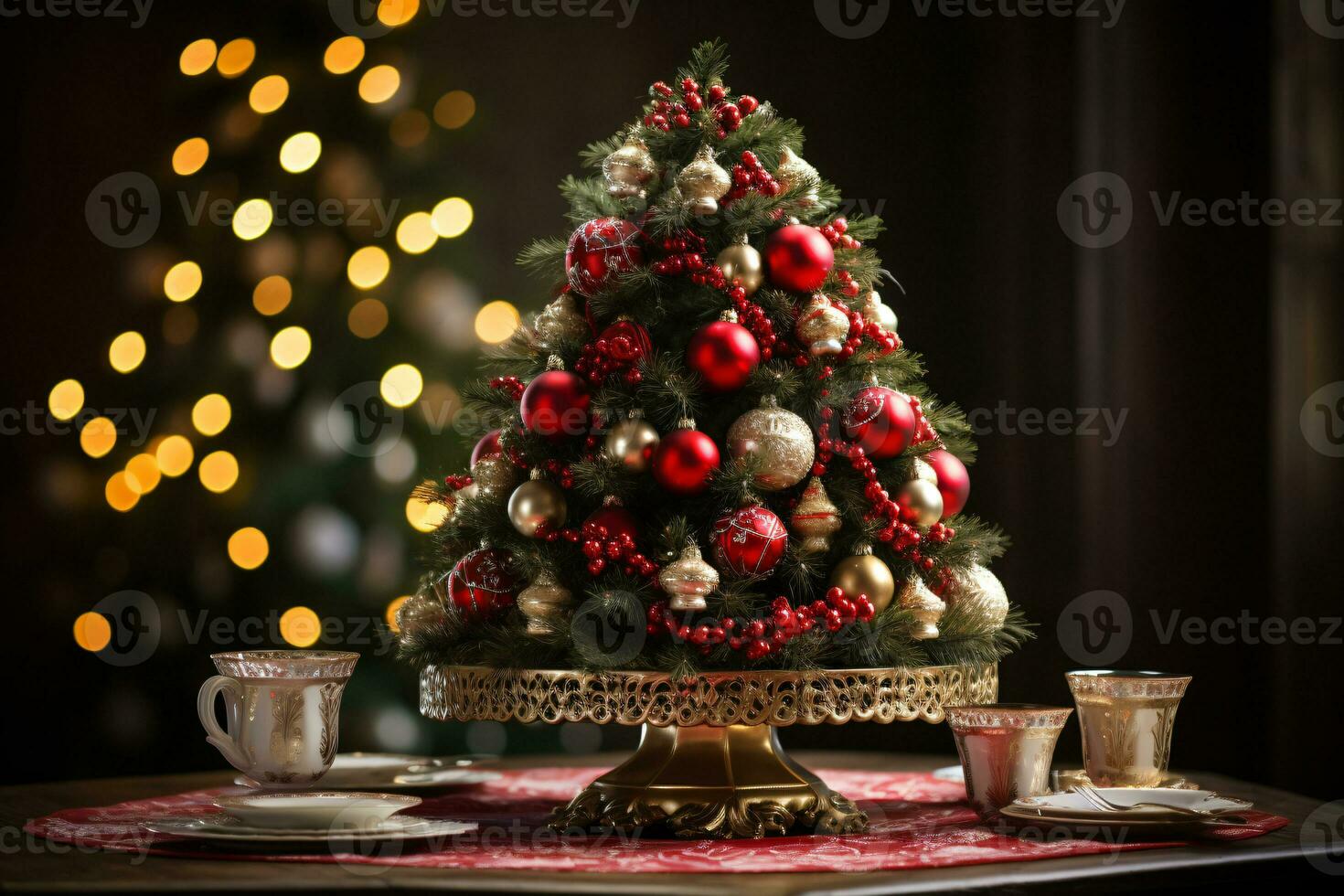 AI generated showcasing a Christmas tree lavishly decorated with festive ornaments photo
