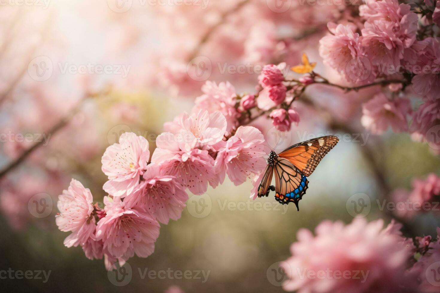 ai generado un soñador sakura jardín con agraciado mariposas foto