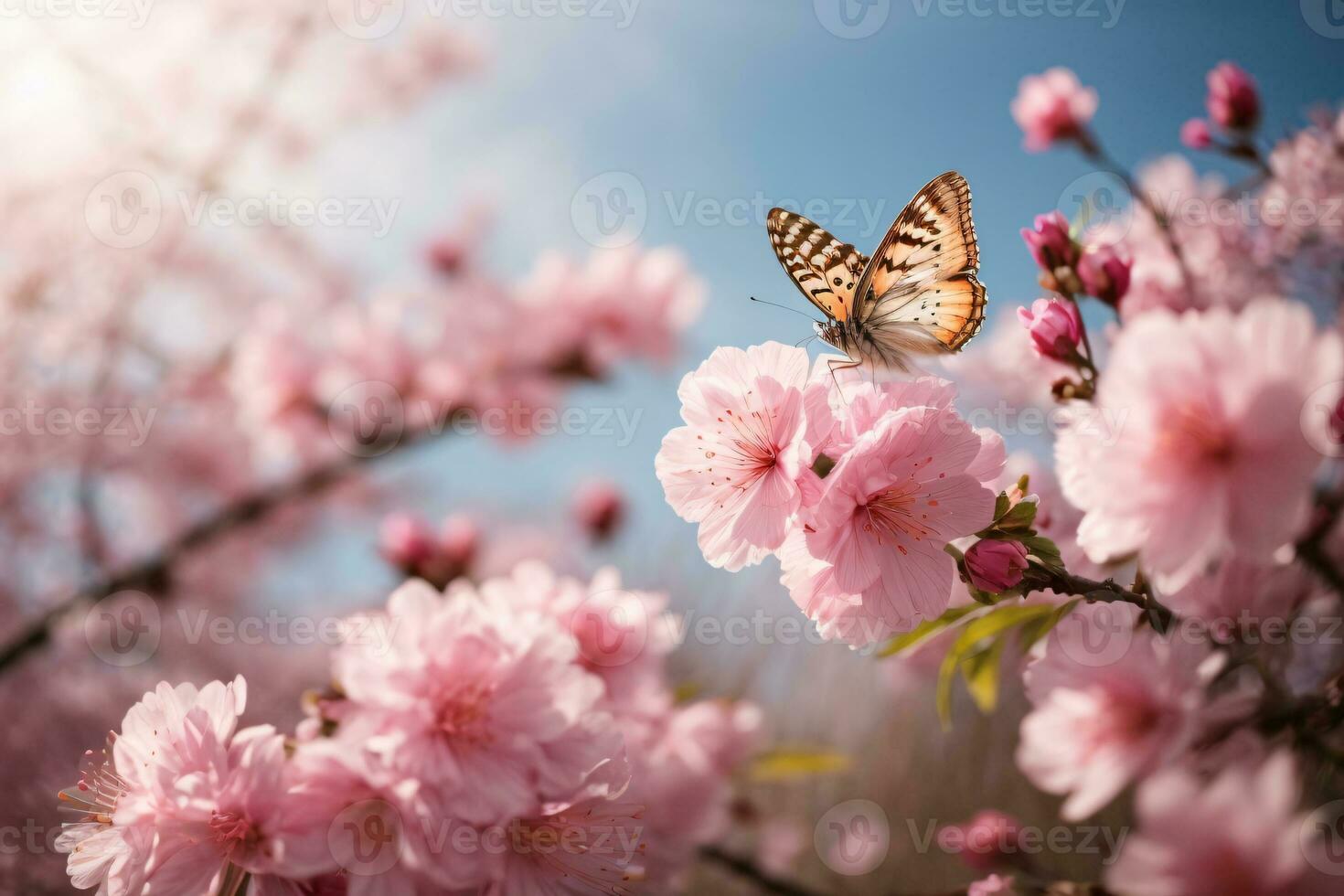 ai generado un soñador sakura jardín con agraciado mariposas foto