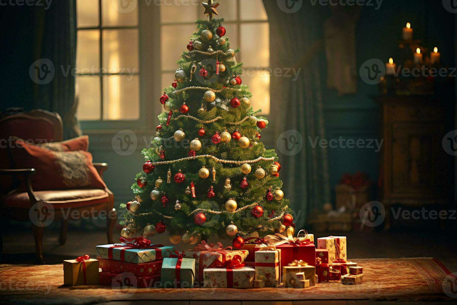 AI generated showcasing a Christmas tree lavishly decorated with festive ornaments photo