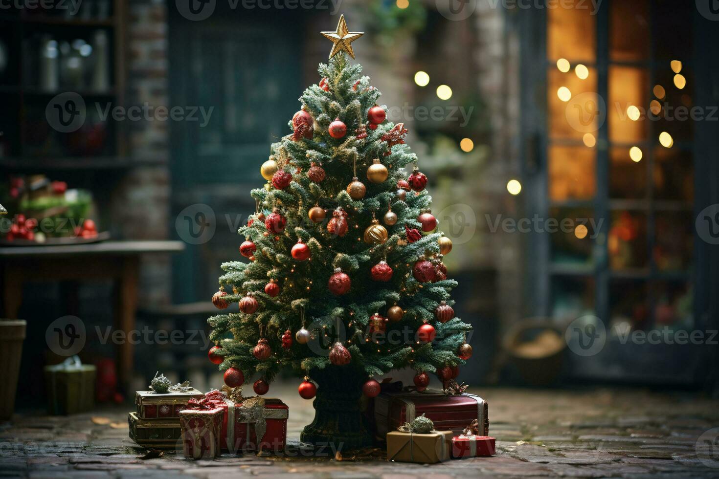 AI generated showcasing a Christmas tree lavishly decorated with festive ornaments photo