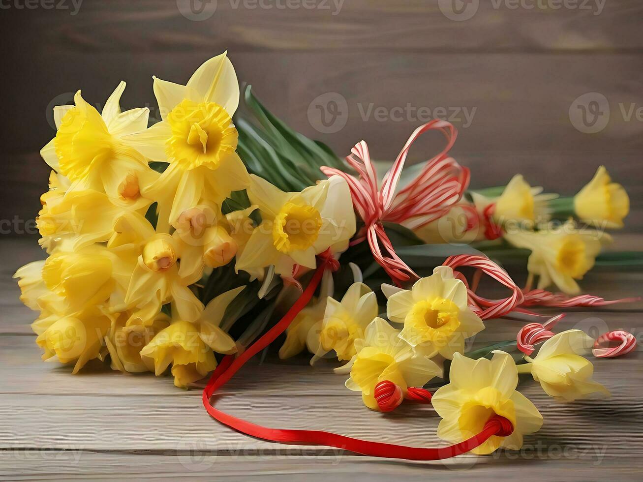 AI generated Bouquet of snowdrops and red white hearts on a wooden background for congratulations, holiday Martisor, Baba Marta spring day photo
