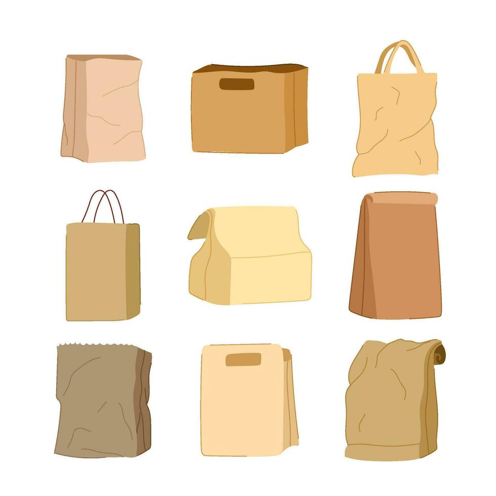 paper lunch bag set cartoon vector illustration