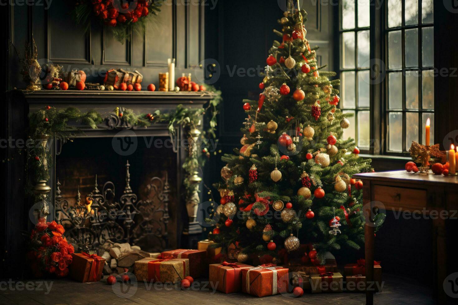 AI generated showcasing a Christmas tree lavishly decorated with festive ornaments photo