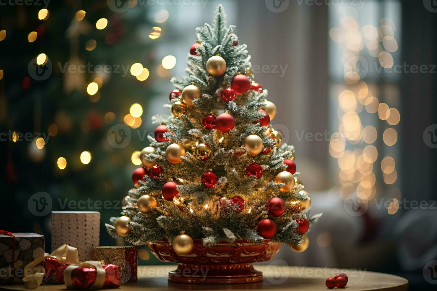 AI generated showcasing a Christmas tree lavishly decorated with festive ornaments photo