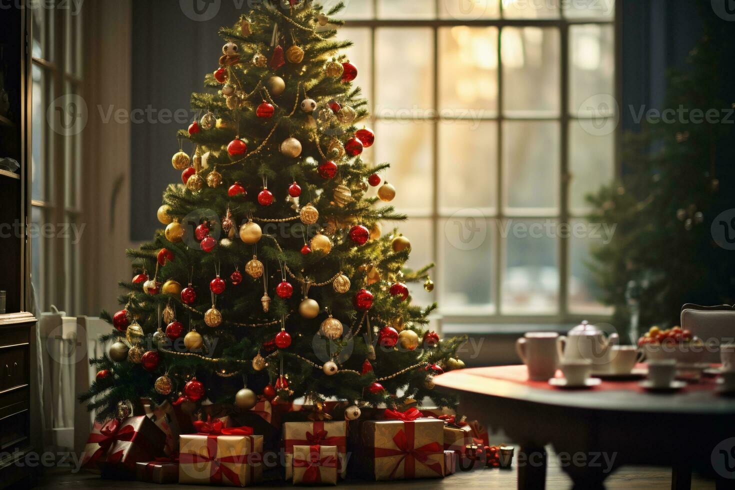 AI generated showcasing a Christmas tree lavishly decorated with festive ornaments photo