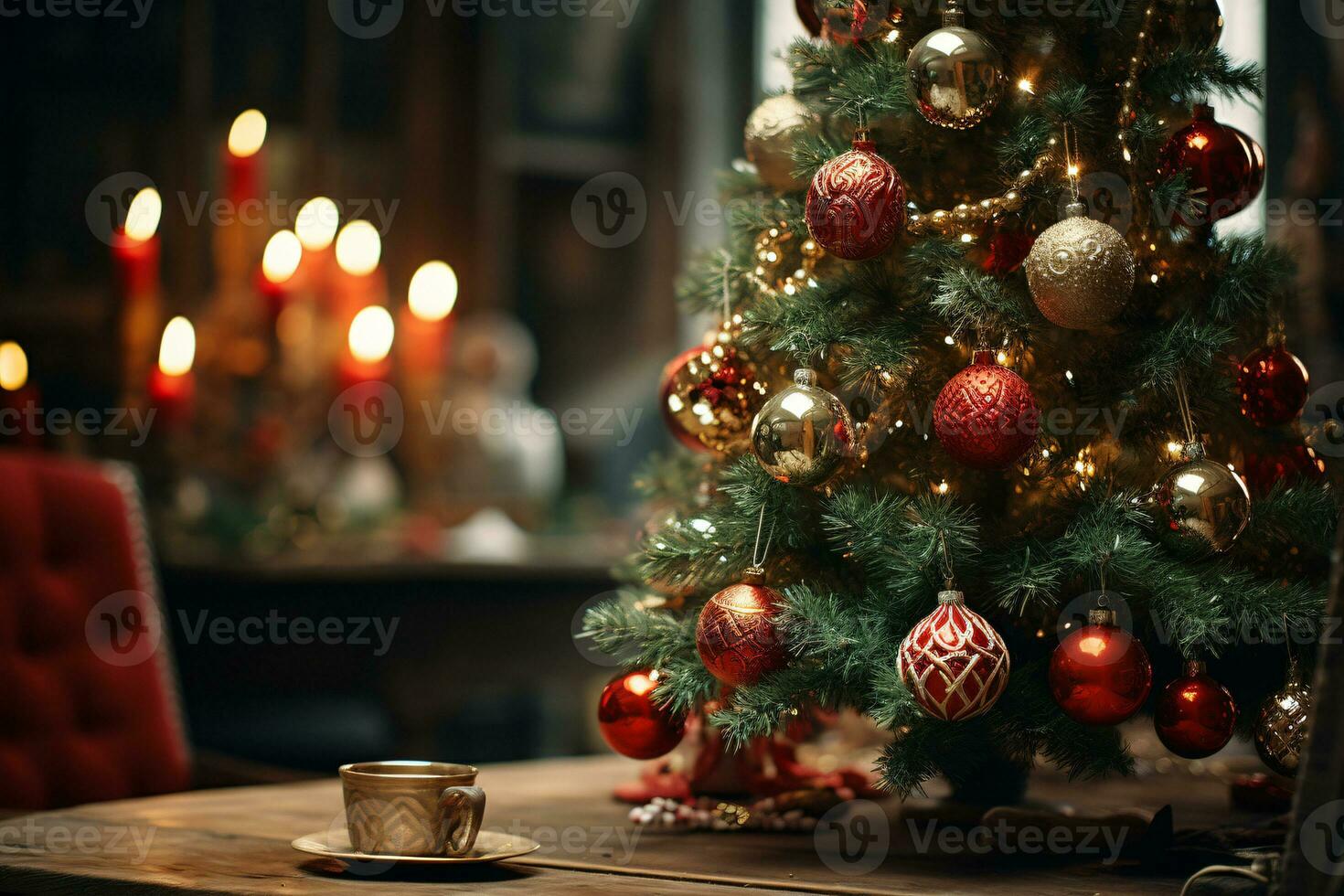 AI generated showcasing a Christmas tree lavishly decorated with festive ornaments photo