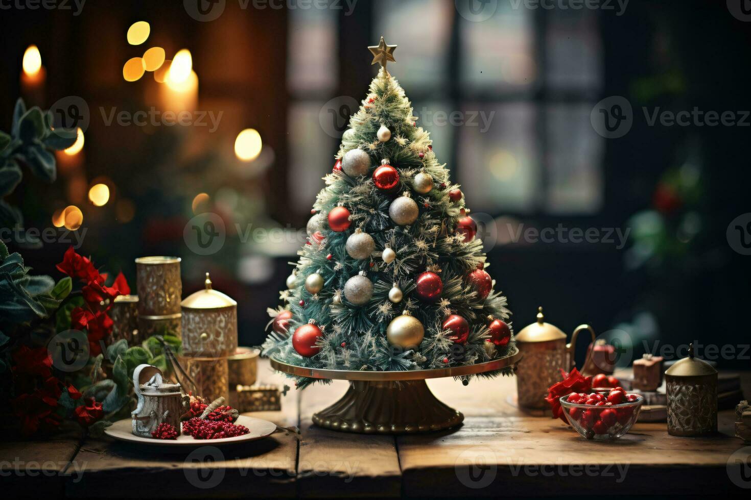 AI generated showcasing a Christmas tree lavishly decorated with festive ornaments photo