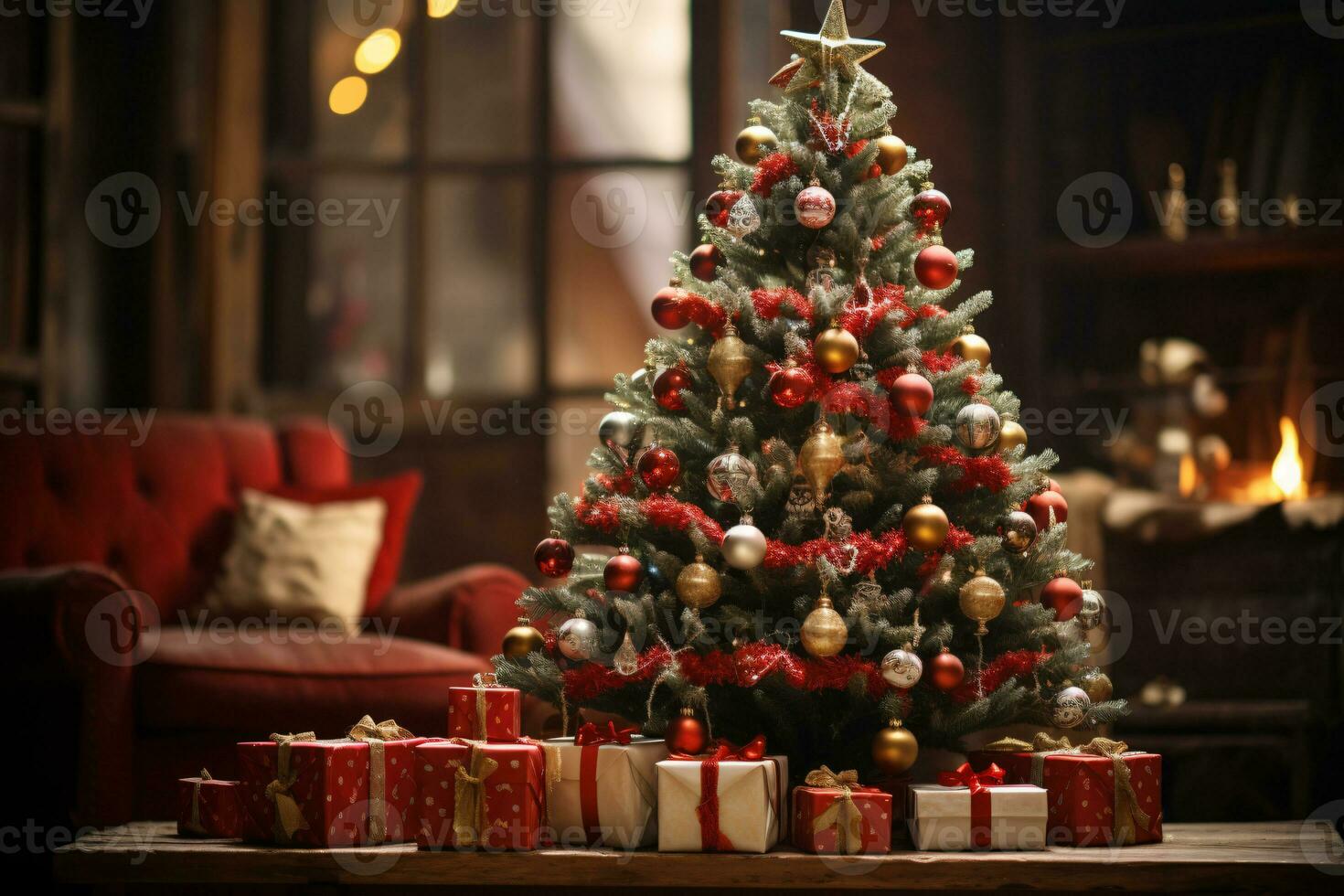 AI generated showcasing a Christmas tree lavishly decorated with festive ornaments photo