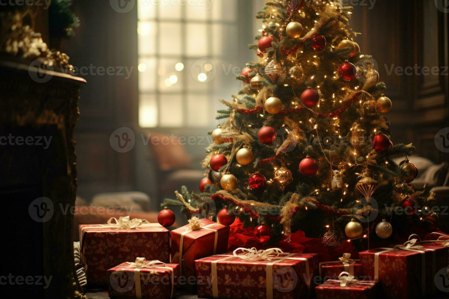 AI generated showcasing a Christmas tree lavishly decorated with festive ornaments photo