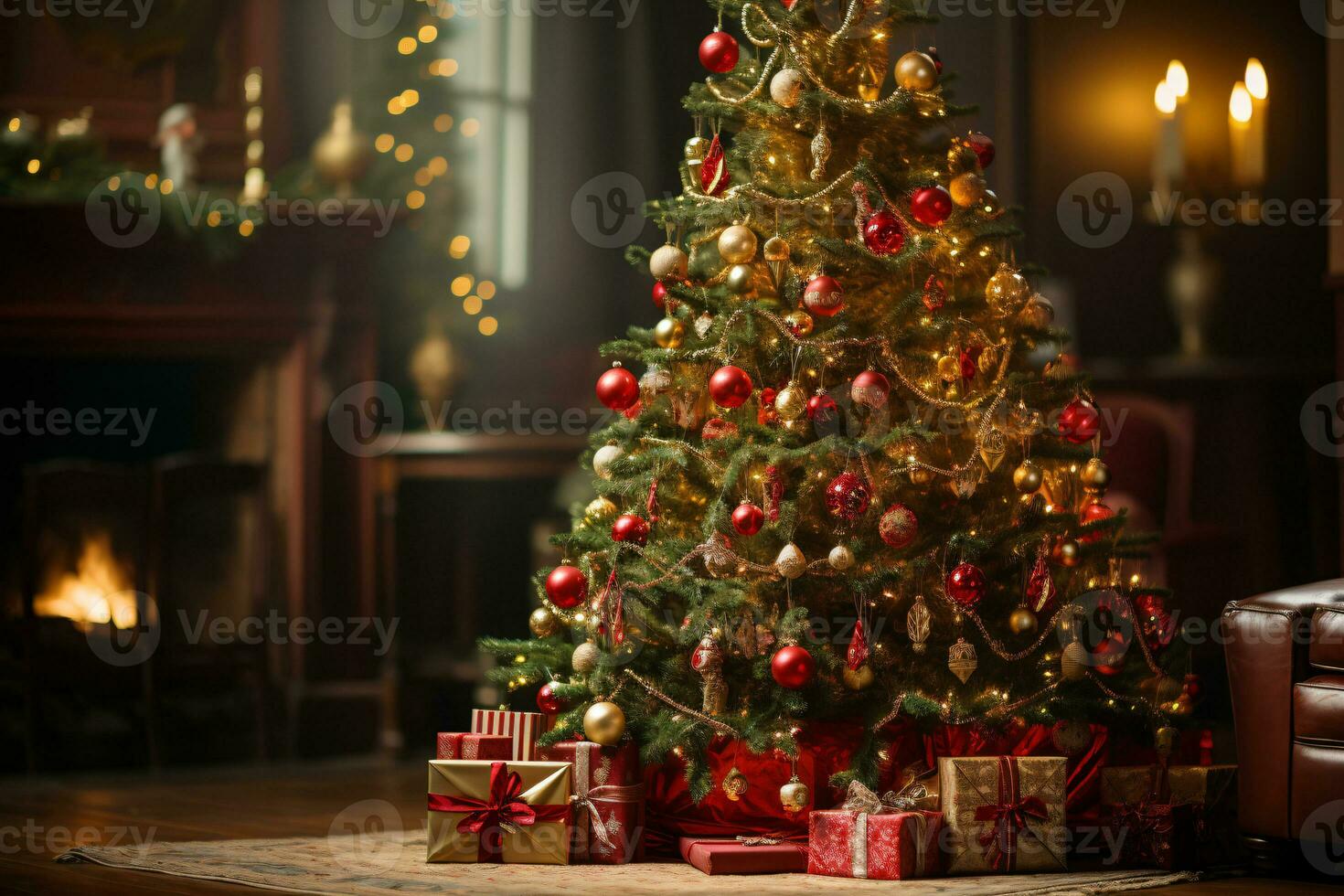 AI generated showcasing a Christmas tree lavishly decorated with festive ornaments photo