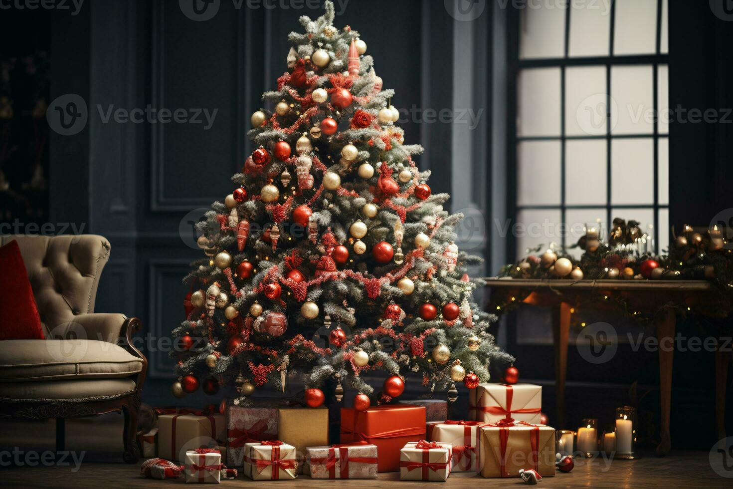 AI generated showcasing a Christmas tree lavishly decorated with festive ornaments photo