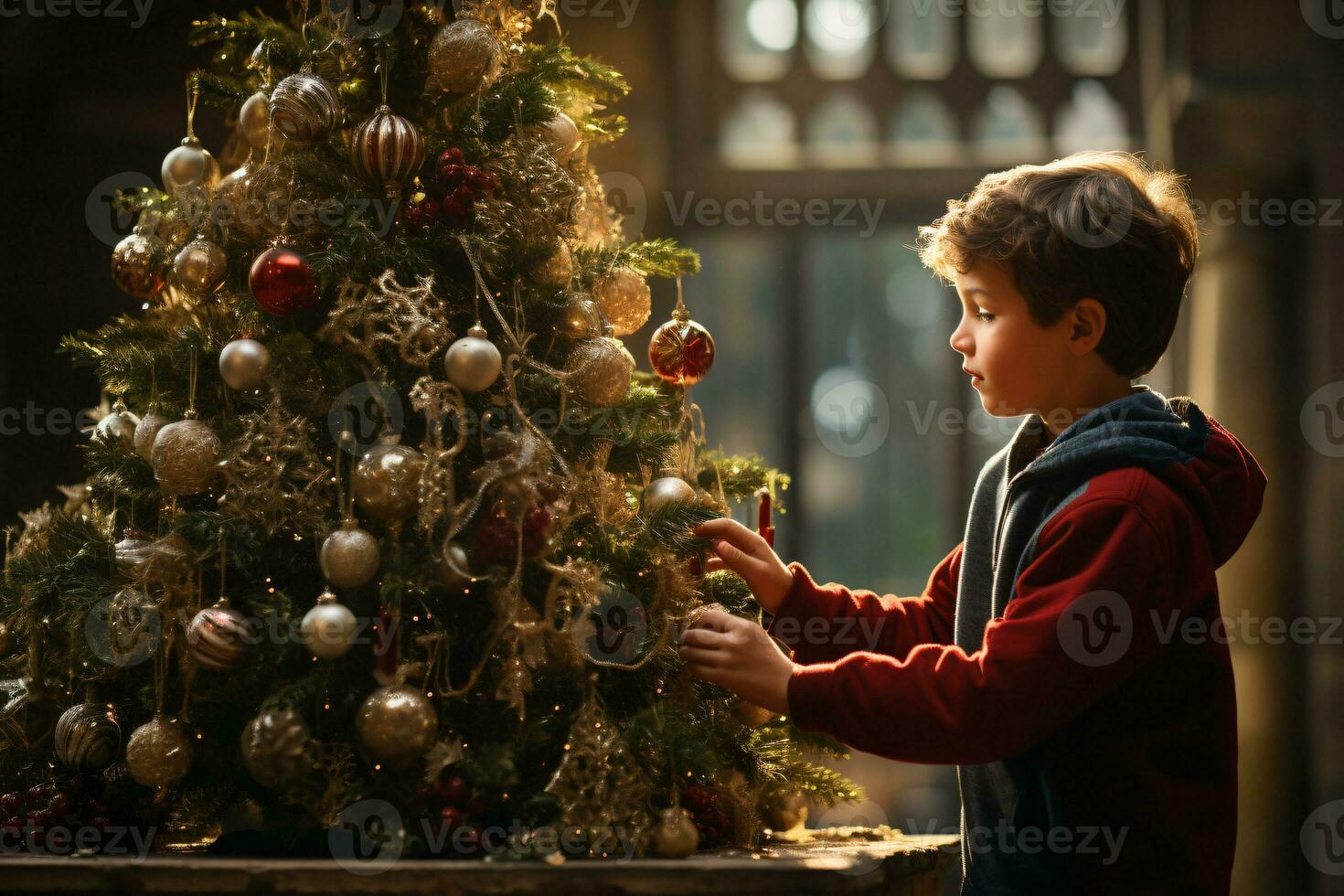 AI generated showcasing a Christmas tree lavishly decorated with festive ornaments photo