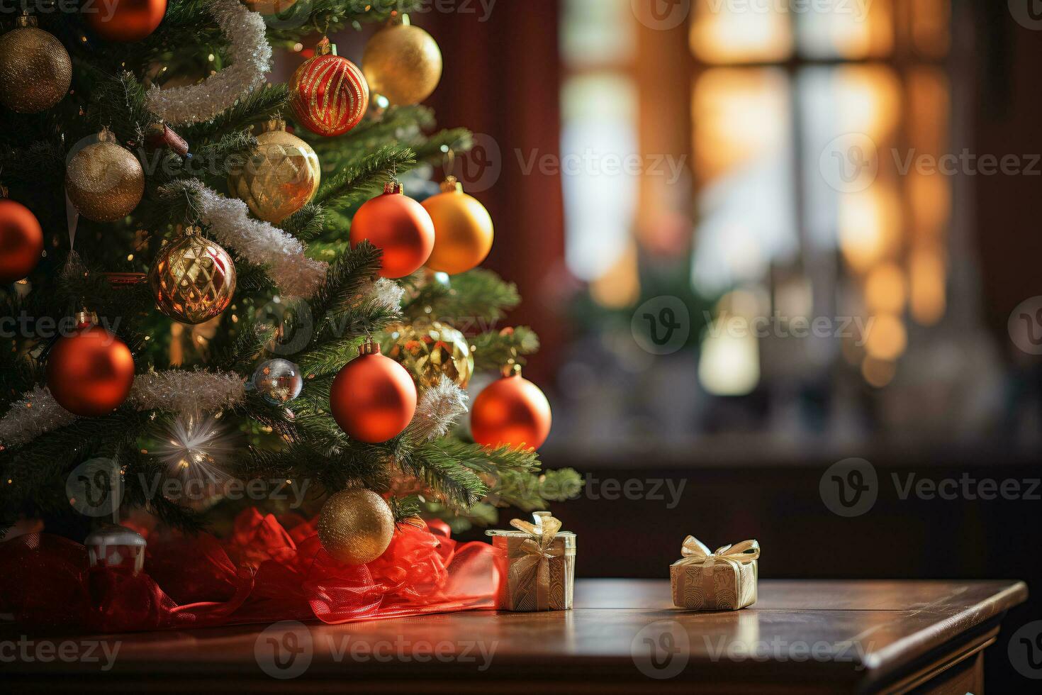 AI generated showcasing a Christmas tree lavishly decorated with festive ornaments photo