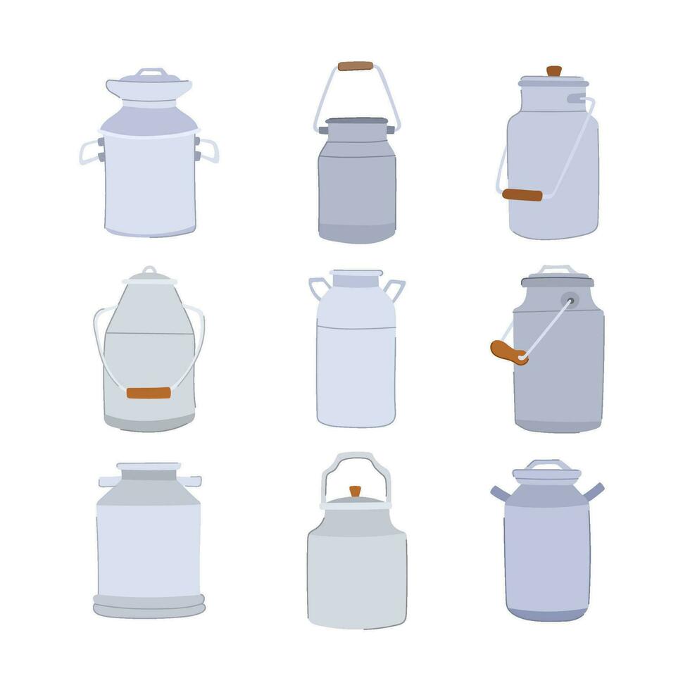 metal milk can set cartoon vector illustration