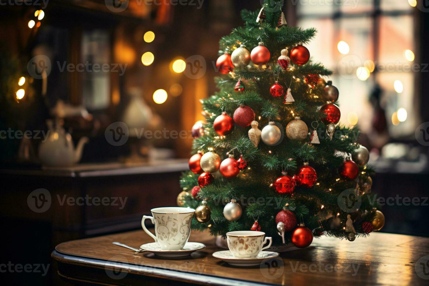 AI generated showcasing a Christmas tree lavishly decorated with festive ornaments photo