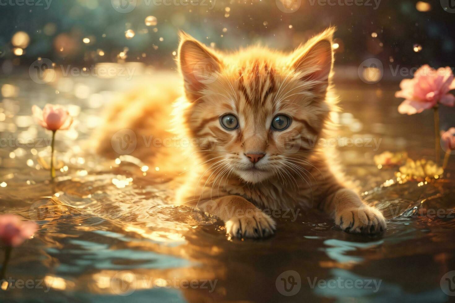 AI generated Little Kitten Gracefully Swimming in a Magical River with Warm Hues of a Setting Sun's Golden Glow photo