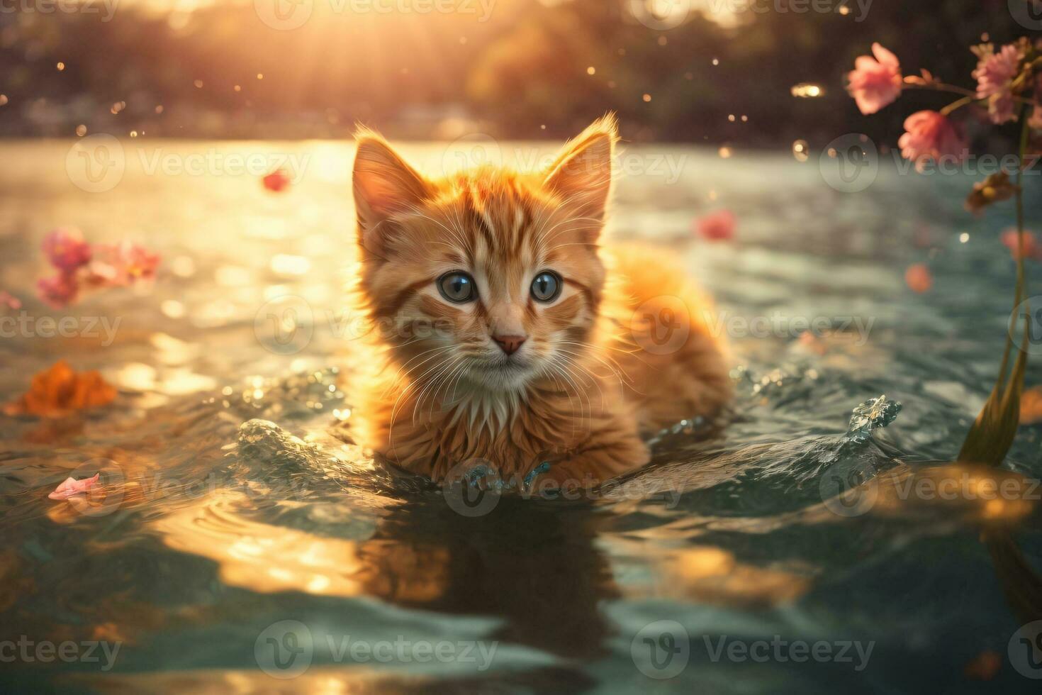 ai generado pequeño gatito graciosamente nadando en un mágico río con calentar matices de un ajuste del sol dorado resplandor foto