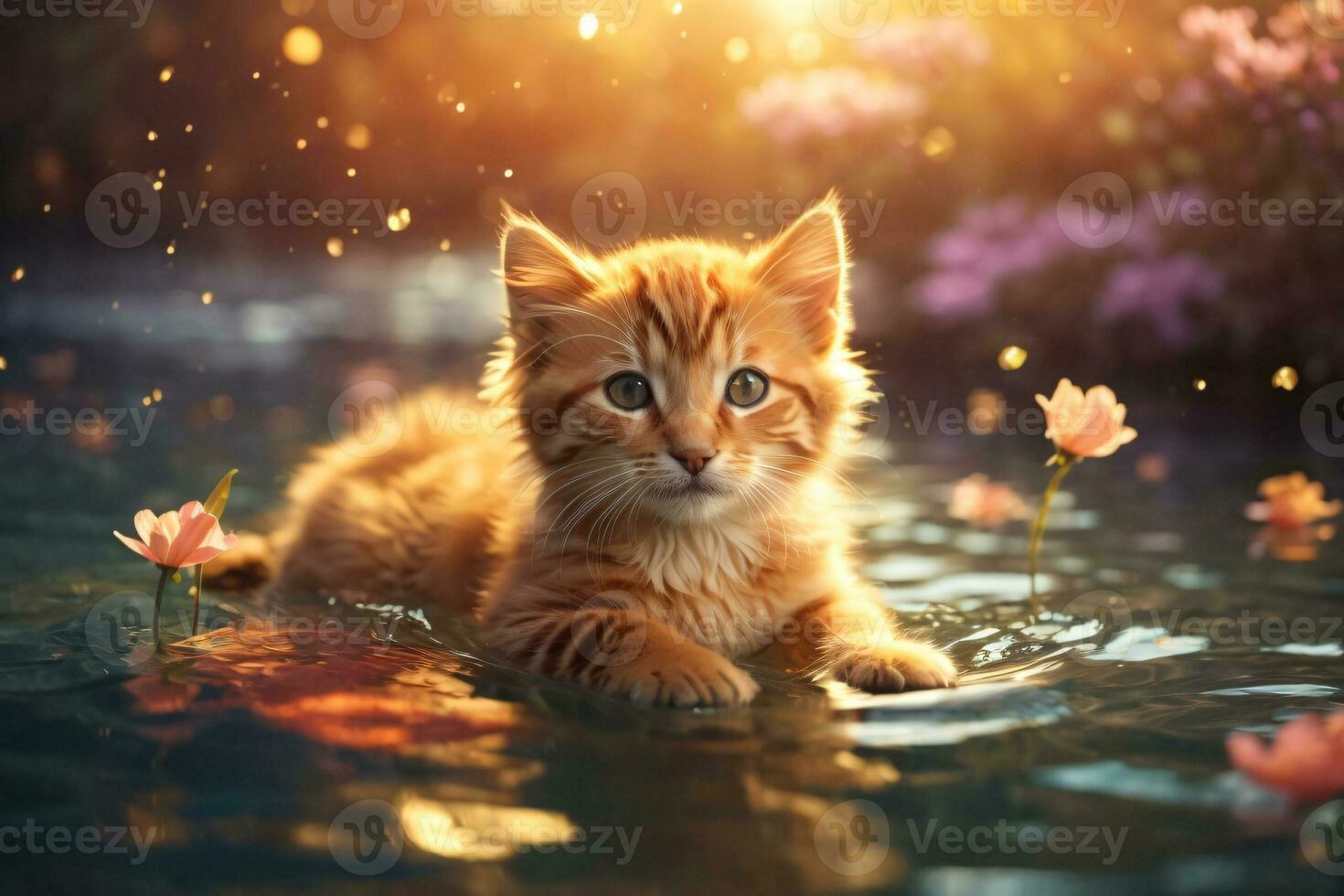 AI generated Little Kitten Gracefully Swimming in a Magical River with Warm Hues of a Setting Sun's Golden Glow photo