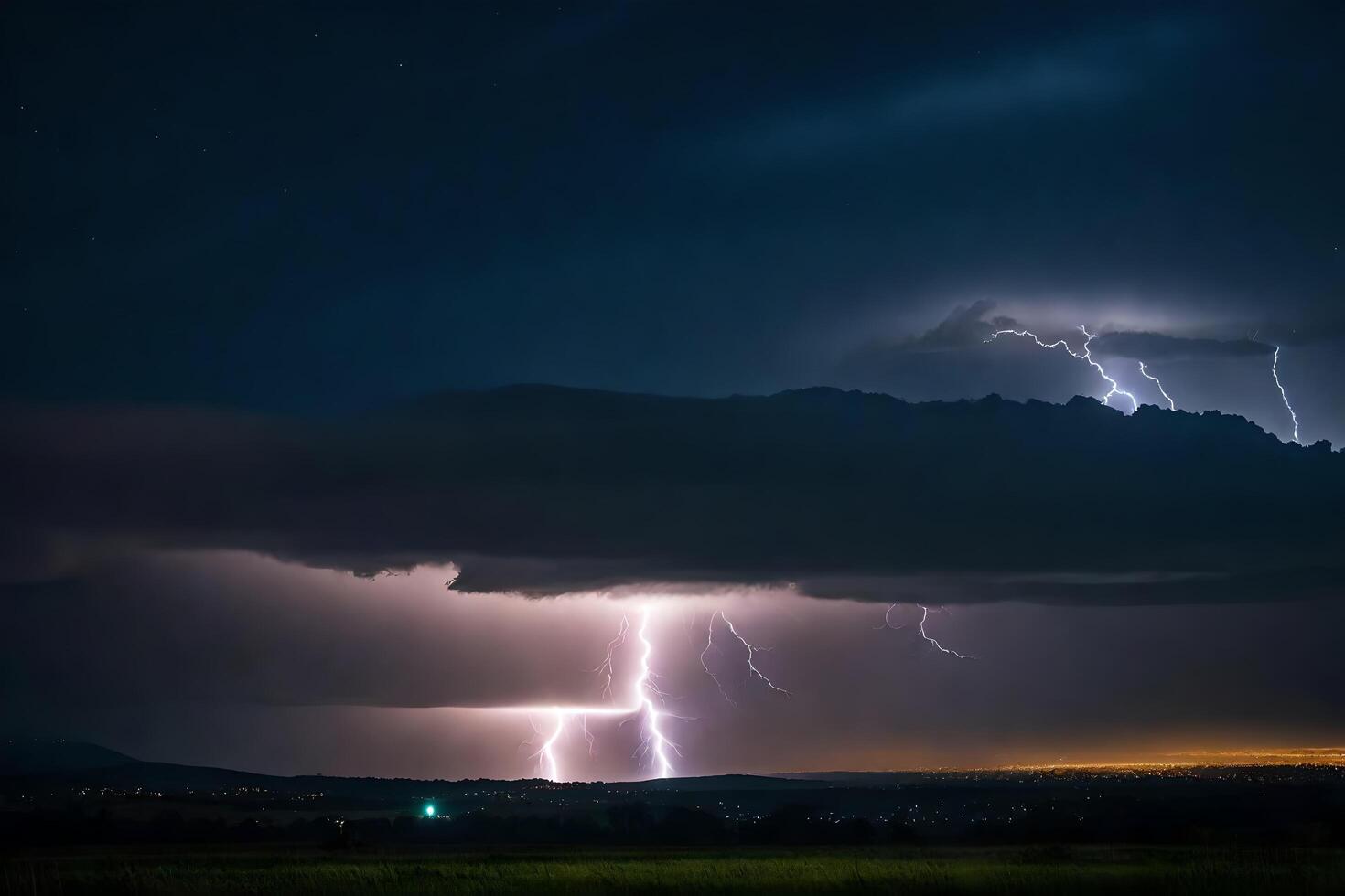 AI generated lightning strikes over a field and a mountain photo