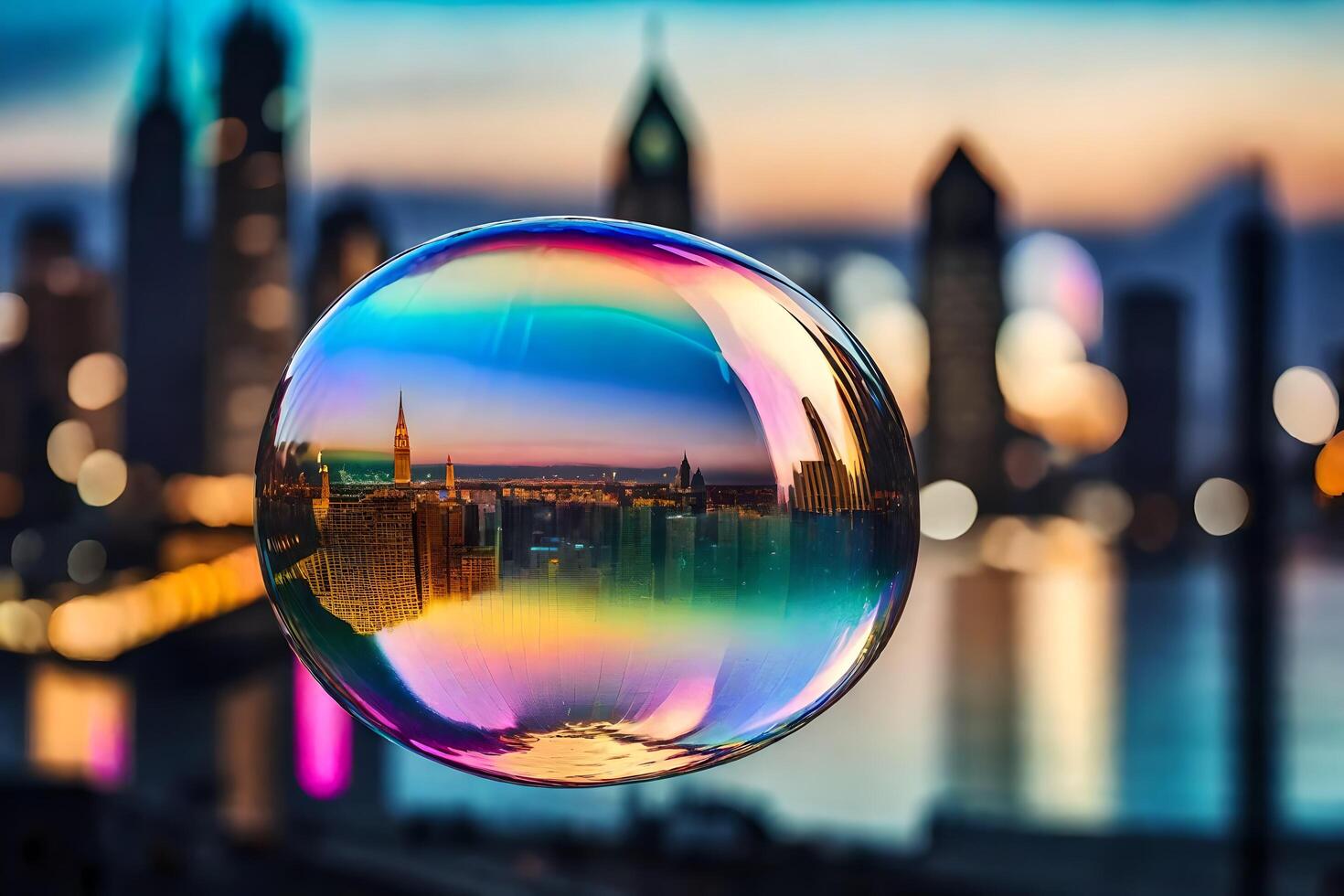 AI generated a colorful bubble with a city skyline in the background photo