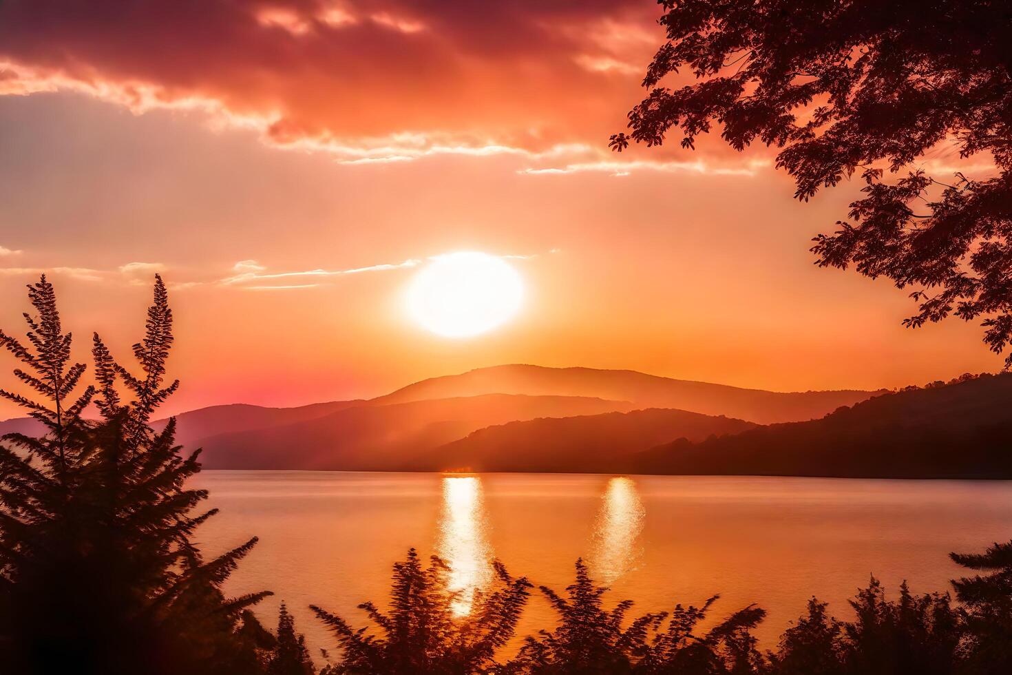 AI generated the sun sets over a lake and mountains photo