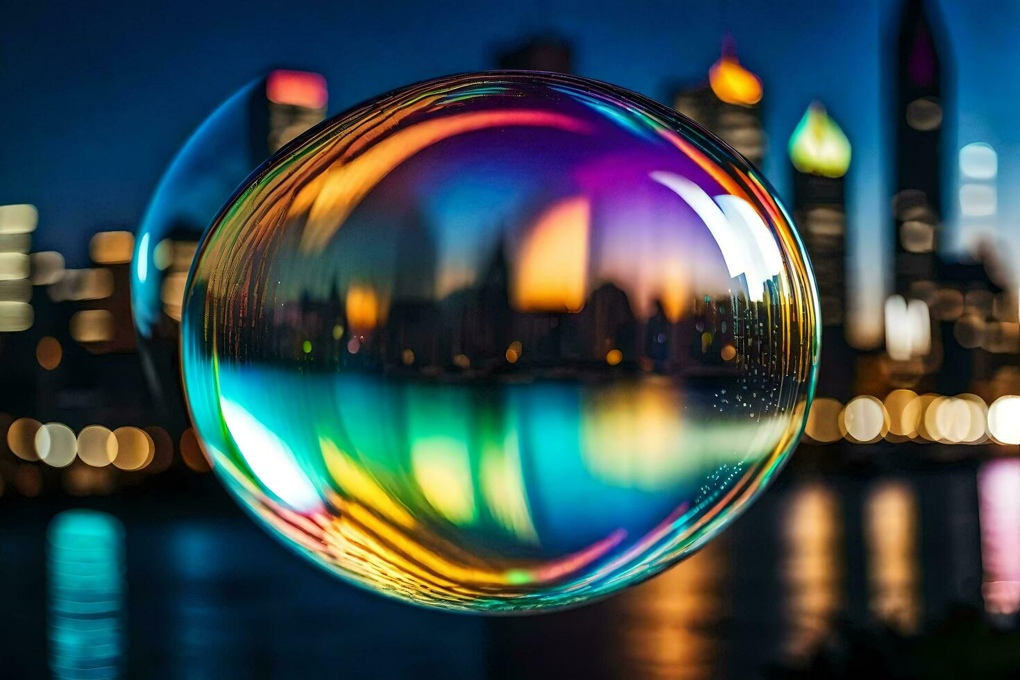 AI generated a colorful bubble with city lights in the background photo