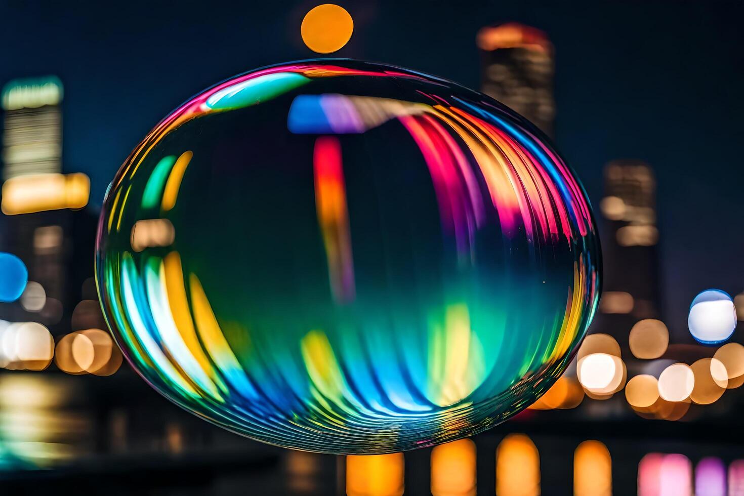 AI generated a colorful bubble with city lights in the background photo