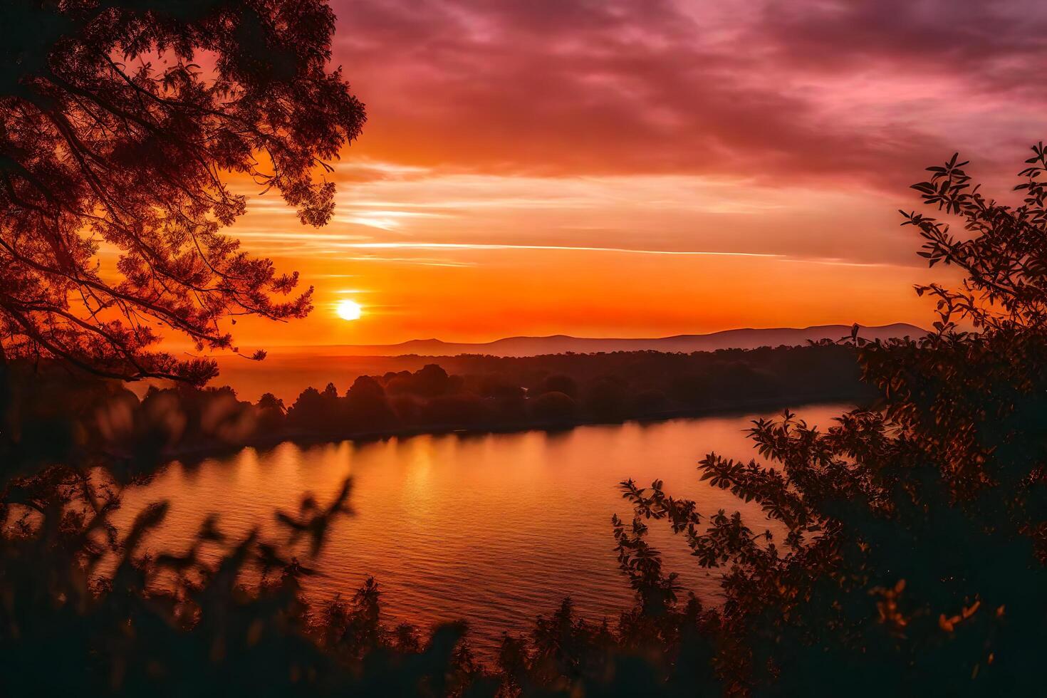 AI generated the sun sets over a lake and trees photo