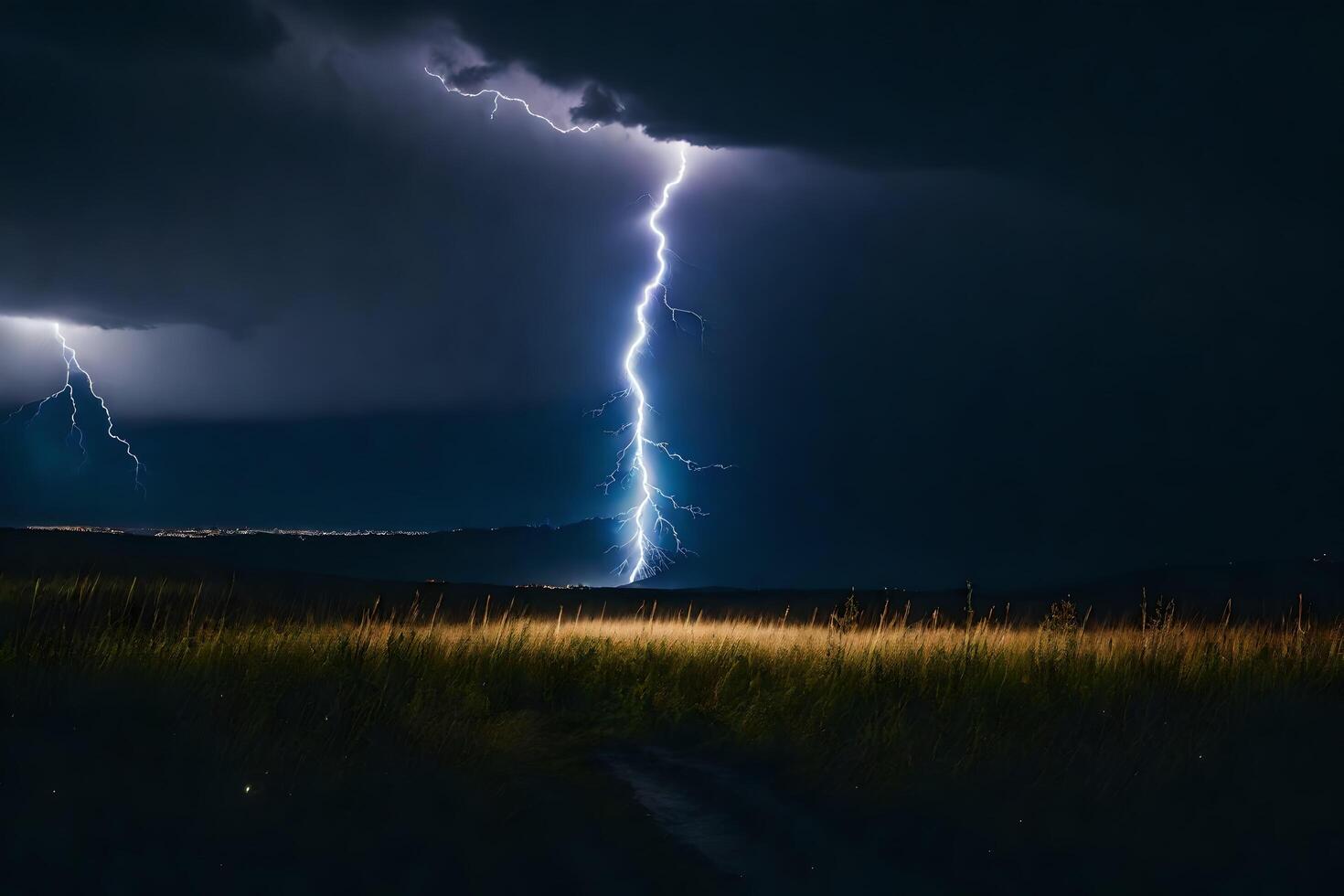 AI generated lightning strikes over a field in the dark photo