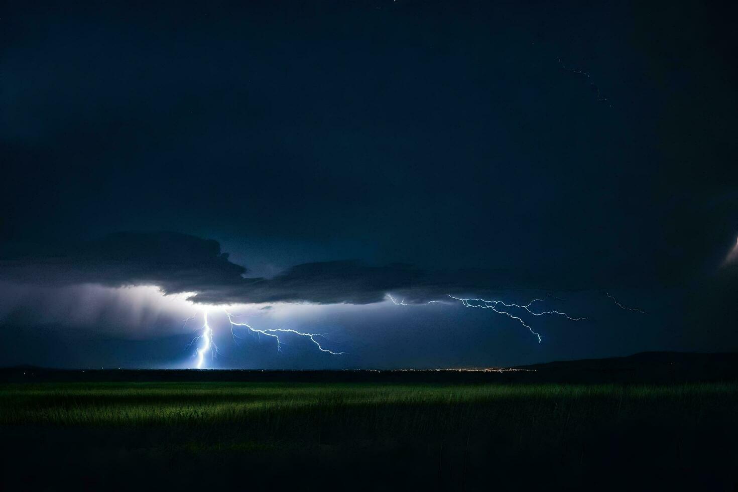 AI generated lightning strikes over a field in the dark photo