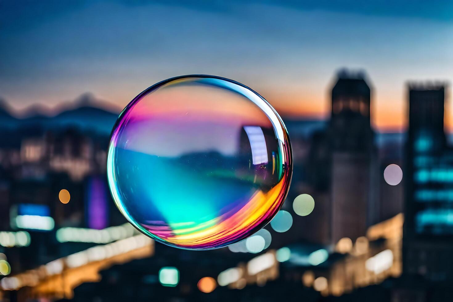 AI generated a colorful bubble floating in front of a city skyline photo